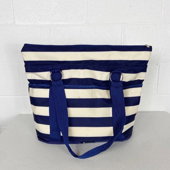 Initials Inc Beach Bag‎ Tote Navy Blue Ivory White Stripe Mesh Bottom Pockets A - Picture 2 of 15
